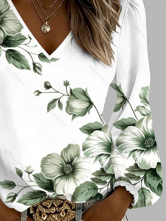 T-shirt de vacances imprimé boutons de fleurs, col en V, manches lanternes - PLANT GREEN M | US 6