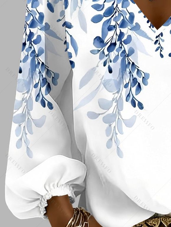 T-shirt de vacances à imprimé feuilles, col en V et manches lanternes - Bleu Ciel L | US 8-10