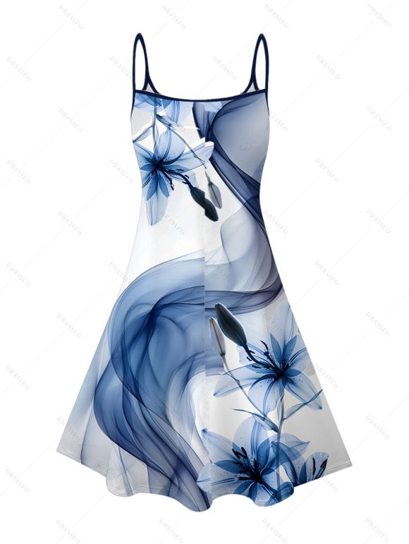 Robe de vacances imprimée de lys à fines bretelles - Bleu gris XXXXXL | US 20