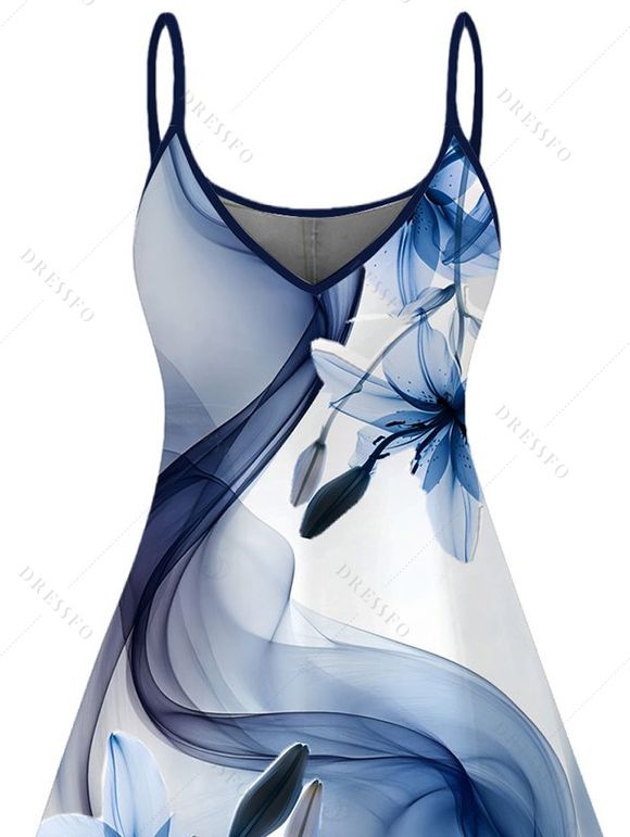 Robe de vacances imprimée de lys à fines bretelles - Bleu gris XXXXXL | US 20
