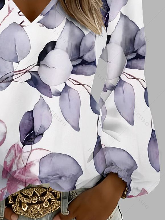 T-shirt de vacances à imprimé feuilles colorées, col en V et manches lanternes - Pourpre XXL | US 14