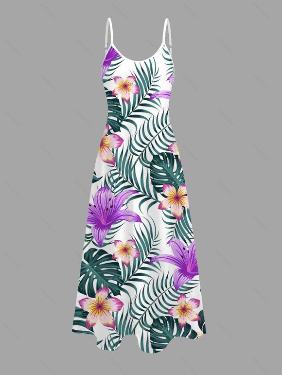 Robe de vacances à imprimé lys et feuilles tropicales, bretelles spaghetti, longue - Pourpre XXXXXL | US 20