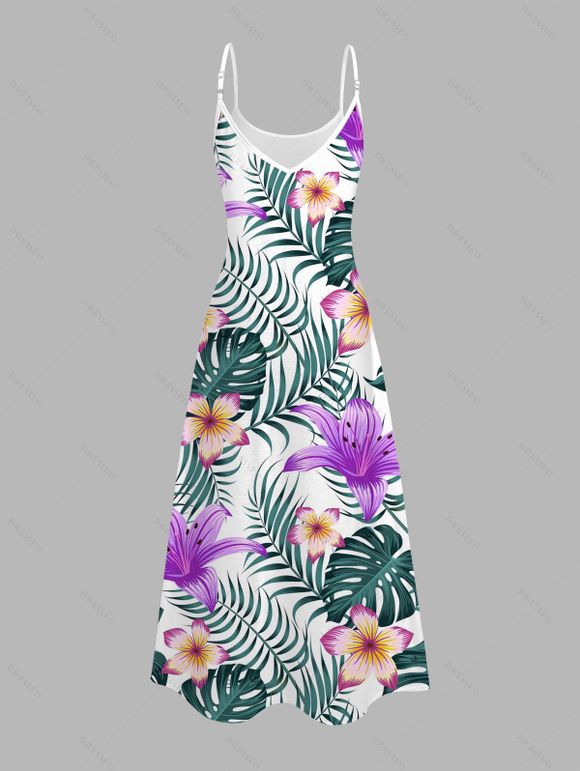 Robe de vacances à imprimé lys et feuilles tropicales, bretelles spaghetti, longue - Pourpre XXXXXL | US 20