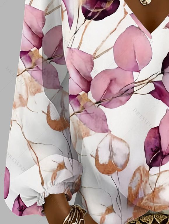T-shirt de vacances à imprimé feuilles colorées, col en V et manches lanternes - Rose L | US 8-10