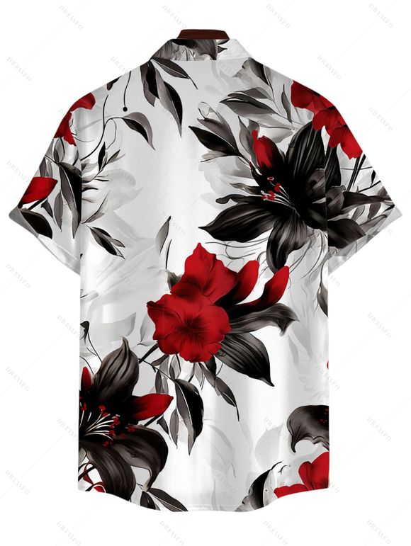 Chemise de vacances pour homme, motif feuilles et fleurs printanières, à boutons - Noir 5XL
