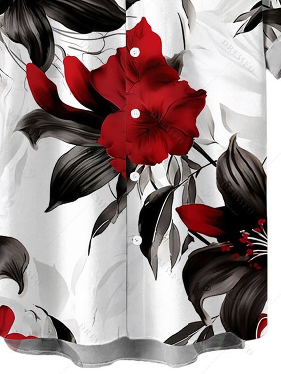 Chemise de vacances pour homme, motif feuilles et fleurs printanières, à boutons - Noir 5XL
