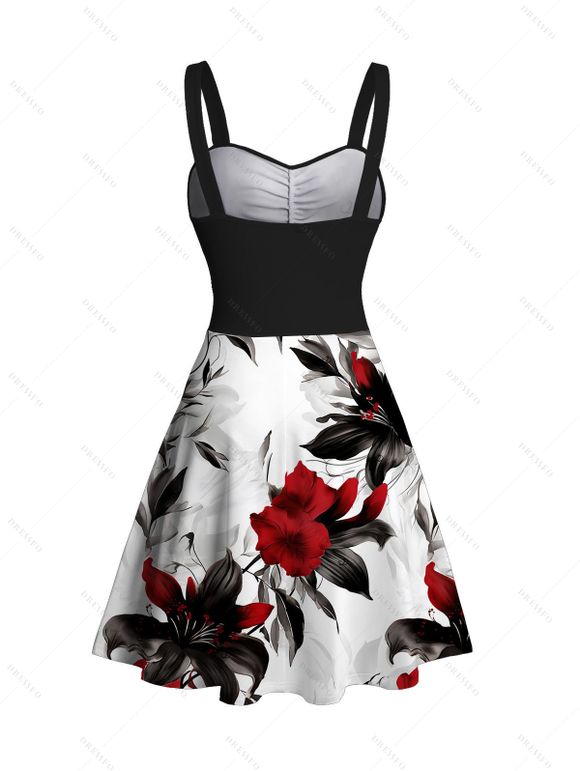 Robe de vacances printanière à motif de feuilles et de fleurs, robe à ceinture froncée et blocs de couleurs. - Noir XXXXXL | US 20