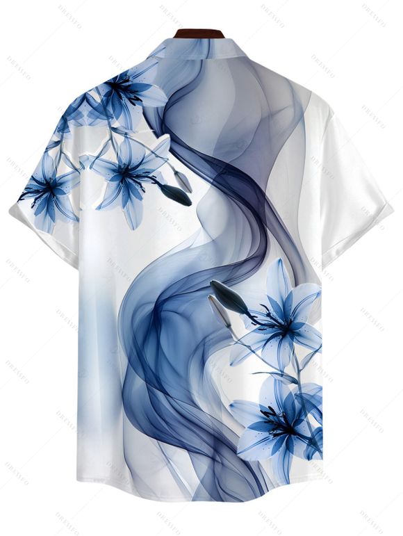 Chemise de vacances pour homme, imprimée de lys, à boutons - Bleu gris M