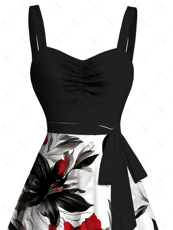 Robe de vacances printanière à motif de feuilles et de fleurs, robe à ceinture froncée et blocs de couleurs. - Noir XXXXXL | US 20