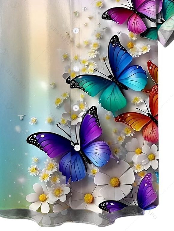 Chemise de vacances pour homme, imprimé floral papillon ombré, boutonnée - multicolor L