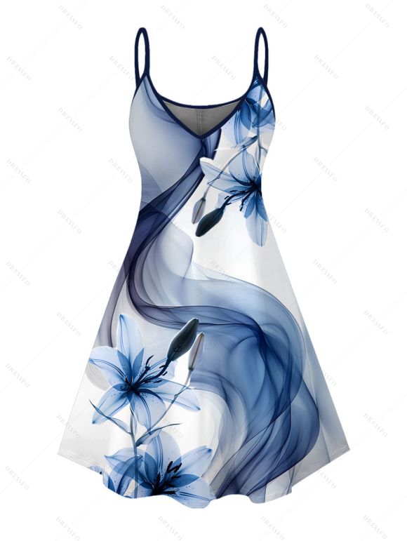 Vacation Couple Outfit Lily Flower Printed Spaghetti Strap Dress and Shirt Set - Bleu gris S | US 4