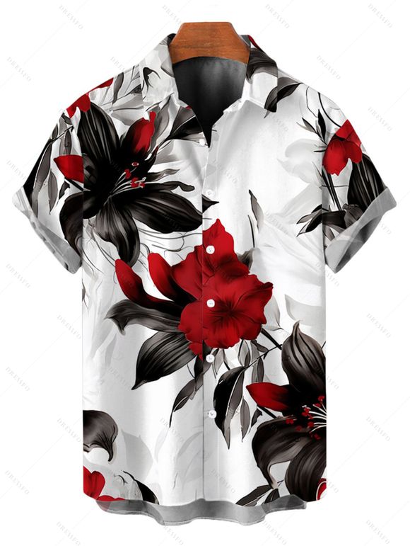 Vacation Couple Outfit Leaf Flower Pattern Colorblock Belt Dress and Shirt Set - Noir S | US 4