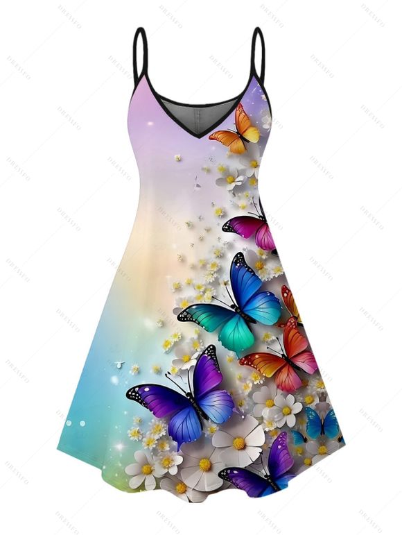 Vacation Couple Outfit Butterfly Floral Print Ombre Dress and Shirt Set - multicolor S
