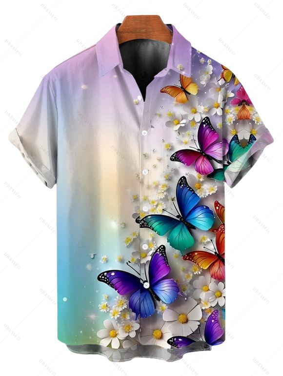Vacation Couple Outfit Butterfly Floral Print Ombre Dress and Shirt Set - multicolor S