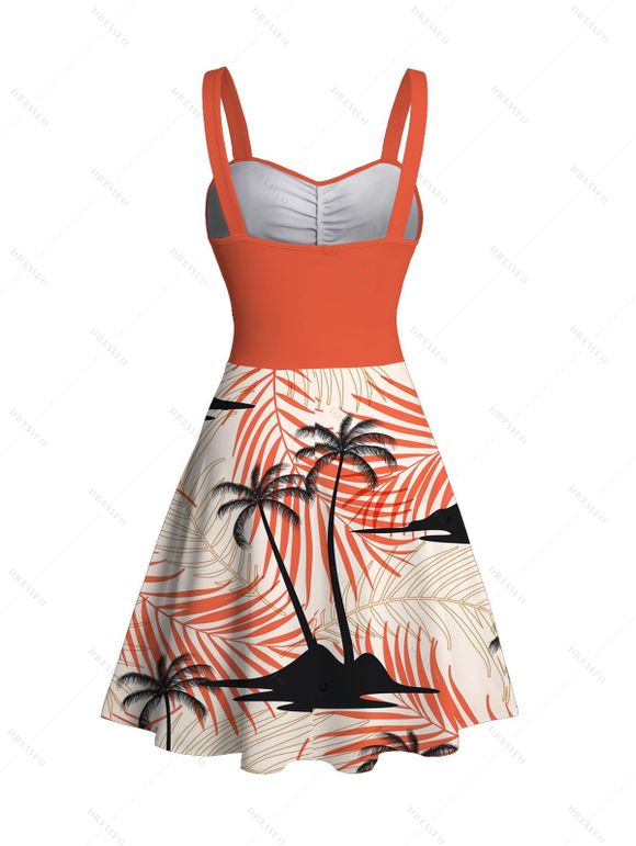 Vacation Couple Outfit Coconut Tree Tropical Leaf Print Ruched Dress and Shirt Set - Orange S | US 4