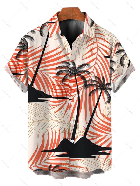 Vacation Couple Outfit Coconut Tree Tropical Leaf Print Ruched Dress and Shirt Set - Orange S | US 4