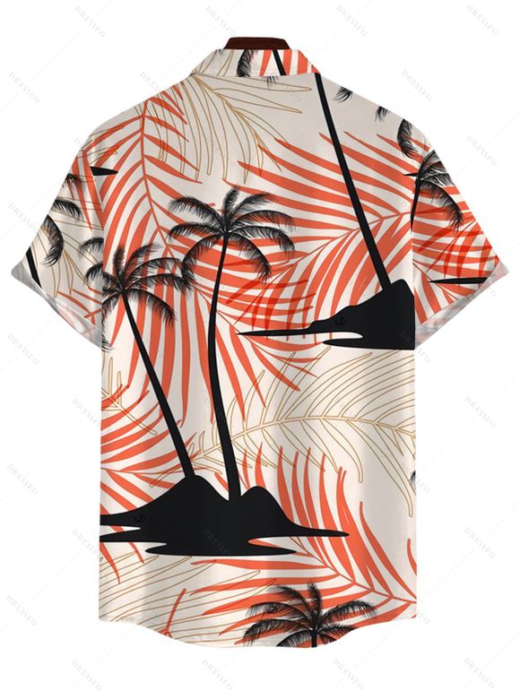 Vacation Couple Outfit Coconut Tree Tropical Leaf Print Ruched Dress and Shirt Set - Orange S | US 4