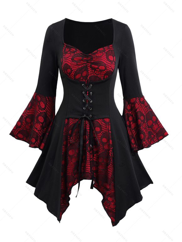 Gothic Outfit Colorblock Skull Lace Up Handkerchief Top and Grommet Leggings Set - Noir S | US 4