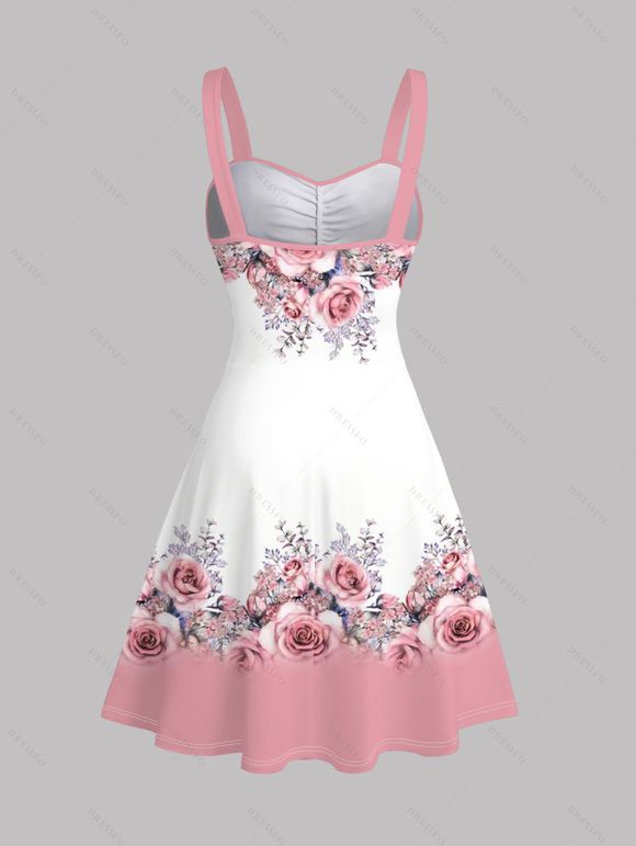 Robe de vacances à imprimé rose et feuilles colorblock, robe froncée - Rose XXXXXL | US 20