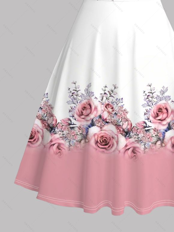 Robe de vacances à imprimé rose et feuilles colorblock, robe froncée - Rose XXXXXL | US 20