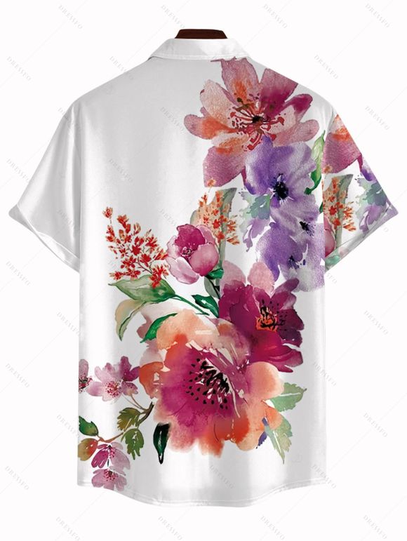 Chemise de vacances pour homme, imprimé floral et feuilles colorés, à boutons - Blanc 5XL
