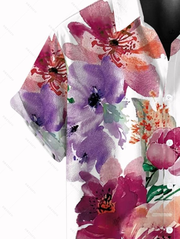 Chemise de vacances pour homme, imprimé floral et feuilles colorés, à boutons - Blanc 5XL