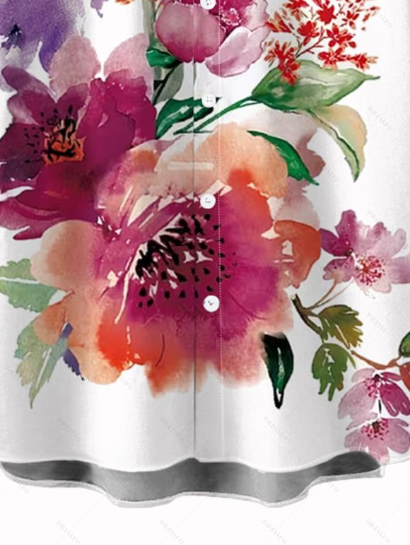 Chemise de vacances pour homme, imprimé floral et feuilles colorés, à boutons - Blanc 5XL