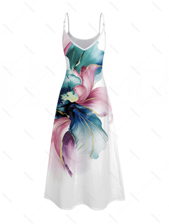 Robe de vacances à bretelles spaghetti et imprimé floral coloré - Blanc XXXXXL | US 20