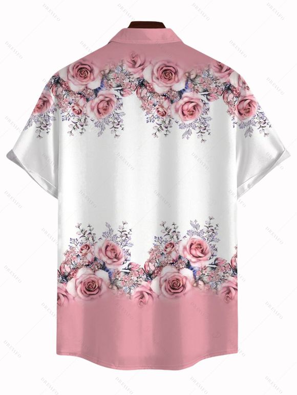 Chemise de vacances pour homme, chemise boutonnée à imprimé rose et feuilles colorblock - Rose 5XL