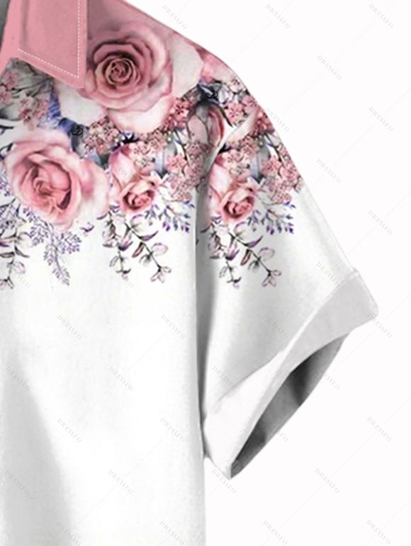 Chemise de vacances pour homme, chemise boutonnée à imprimé rose et feuilles colorblock - Rose 5XL