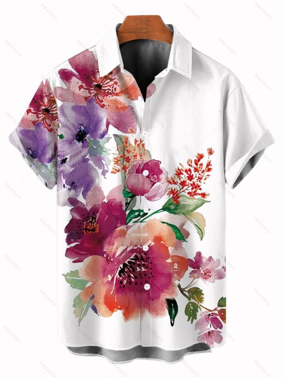 Vacation Couple Outfit Colorful Flower Leaf Print Dress and Shirt Set - Blanc S | US 4