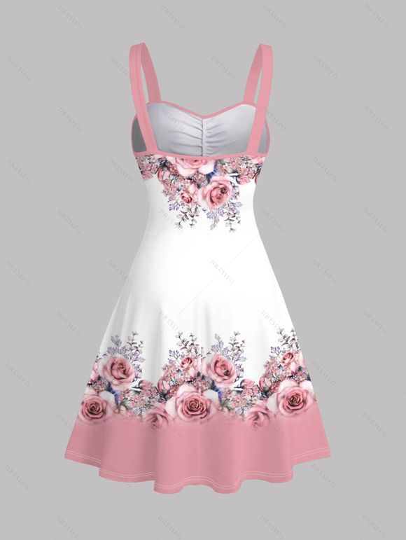 Vacation Couple Outfit Colorblock Rose Leaf Print Ruched Dress and Shirt Set - Rose S | US 4