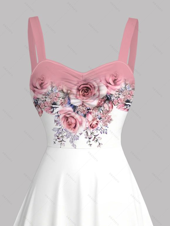 Vacation Couple Outfit Colorblock Rose Leaf Print Ruched Dress and Shirt Set - Rose S | US 4