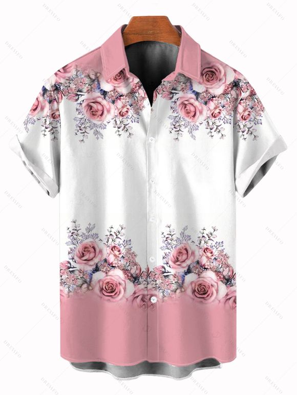 Vacation Couple Outfit Colorblock Rose Leaf Print Ruched Dress and Shirt Set - Rose S | US 4