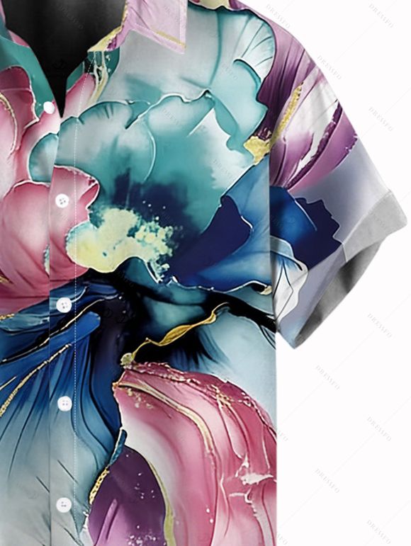 Vacation Couple Outfit Colored Flower Pattern Long Dress and Shirt Set - Blanc S | US 4