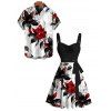 Vacation Couple Outfit Stylized Leaf Flower Pattern Colorblock Belt Dress and Shirt Set - Noir S | US 4