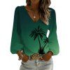 T-shirt de vacances imprimé cocotier ombré, col V, manches lanternes - PLANT GREEN M | US 6