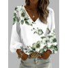 T-shirt de vacances imprimé boutons de fleurs, col en V, manches lanternes - PLANT GREEN M | US 6