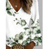 T-shirt de vacances imprimé boutons de fleurs, col en V, manches lanternes - PLANT GREEN M | US 6