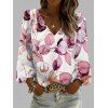 T-shirt de vacances à imprimé feuilles colorées, col en V et manches lanternes - Rose L | US 8-10