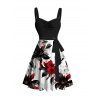 Robe de vacances printanière à motif de feuilles et de fleurs, robe à ceinture froncée et blocs de couleurs. - Noir XXXXXL | US 20