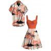 Vacation Couple Outfit Coconut Tree Tropical Leaf Print Ruched Dress and Shirt Set - Orange S | US 4