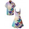 Vacation Couple Outfit Butterfly Floral Print Ombre Dress and Shirt Set - multicolor S