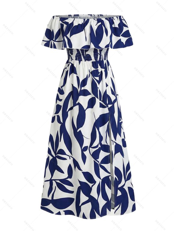 Vacation Couple Outfit Leaf Patten Off the Shoulder Slit Dress and Shirt Set - Bleu S | US 4