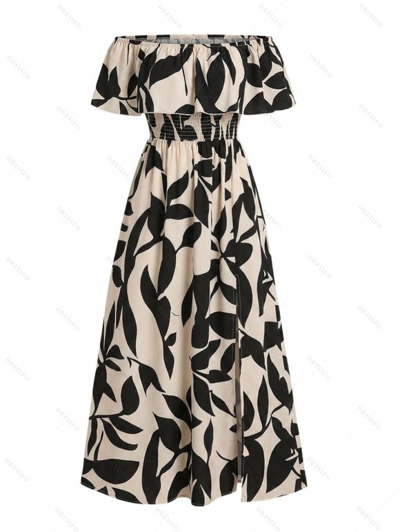 Vacation Couple Outfit Leaf Patten Off the Shoulder Slit Dress and Shirt Set - café lumière S | US 4