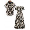 Vacation Couple Outfit Leaf Patten Off the Shoulder Slit Dress and Shirt Set - café lumière S | US 4