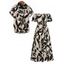 Vacation Couple Outfit Leaf Patten Off the Shoulder Slit Dress and Shirt Set - café lumière S | US 4