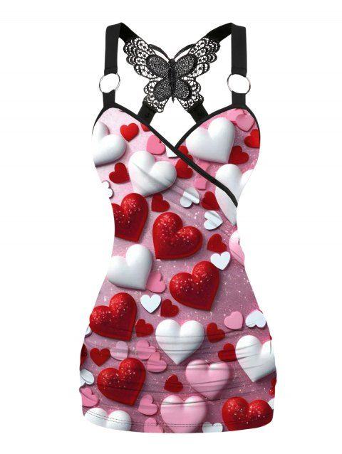 Débardeur Saint-Valentin bicolore à imprimé cœur et dentelle papillon froncée