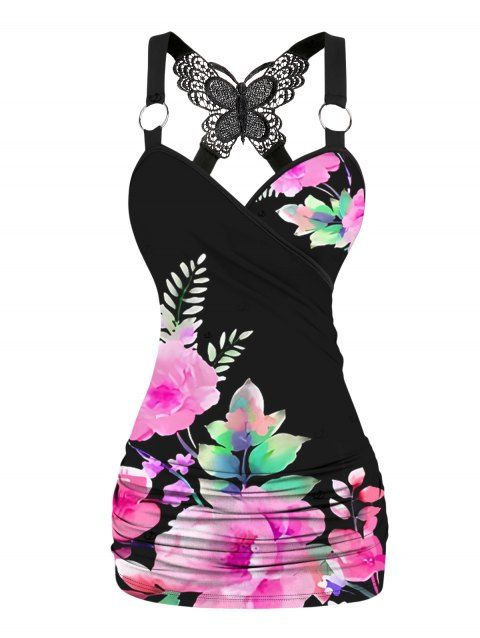 Débardeur de vacances imprimé fleurs et feuilles, dentelle, papillon froncé