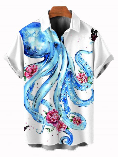 Chemise de vacances pour homme à imprimé floral pieuvre, boutonnée